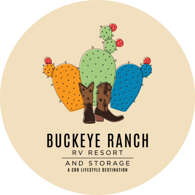 Logo for Buckeye Ranch RV Resort and Storage featuring cowboy boots in front of colorful cacti on a beige background, with the tagline “A CRR Lifestyle Destination,” perfect for your Elementor Header.