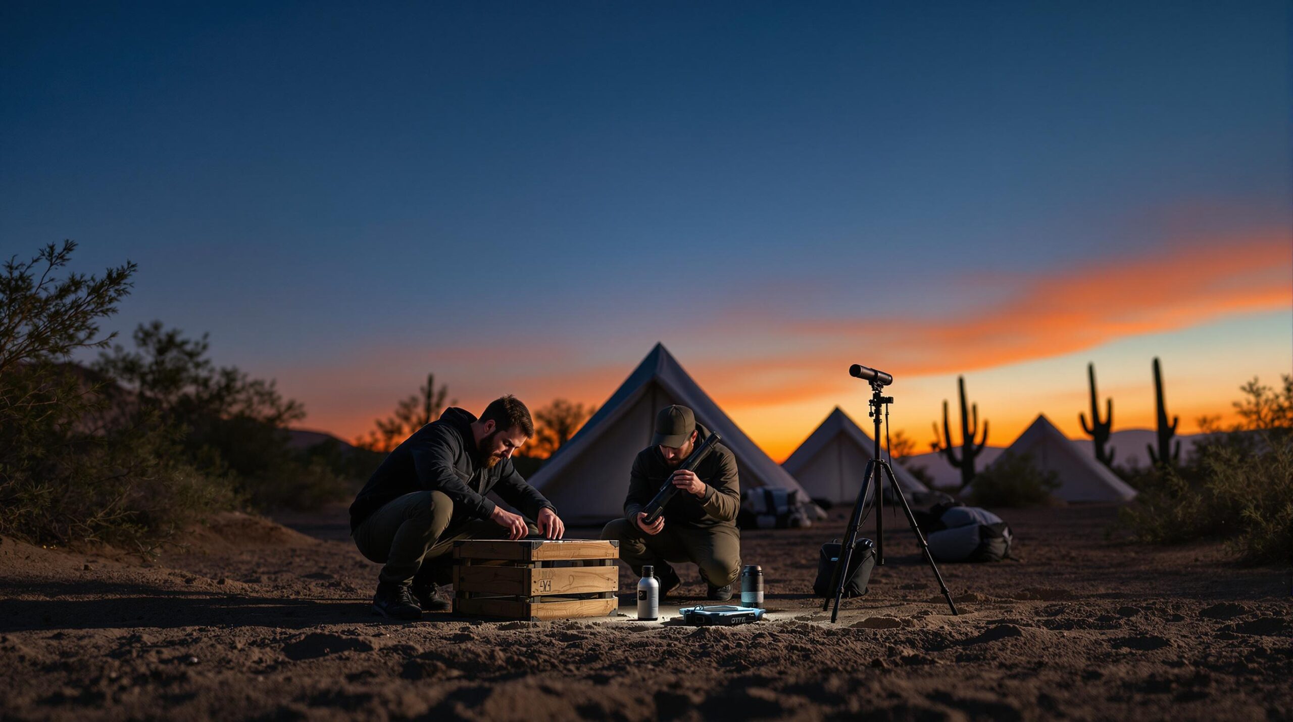 A small group of ghost hunters sets up EVP recording equipment and a microphone in a sandy desert clearing near Tonopah, Arizona at twilight, with tents, cacti, and low shrubs in the background.