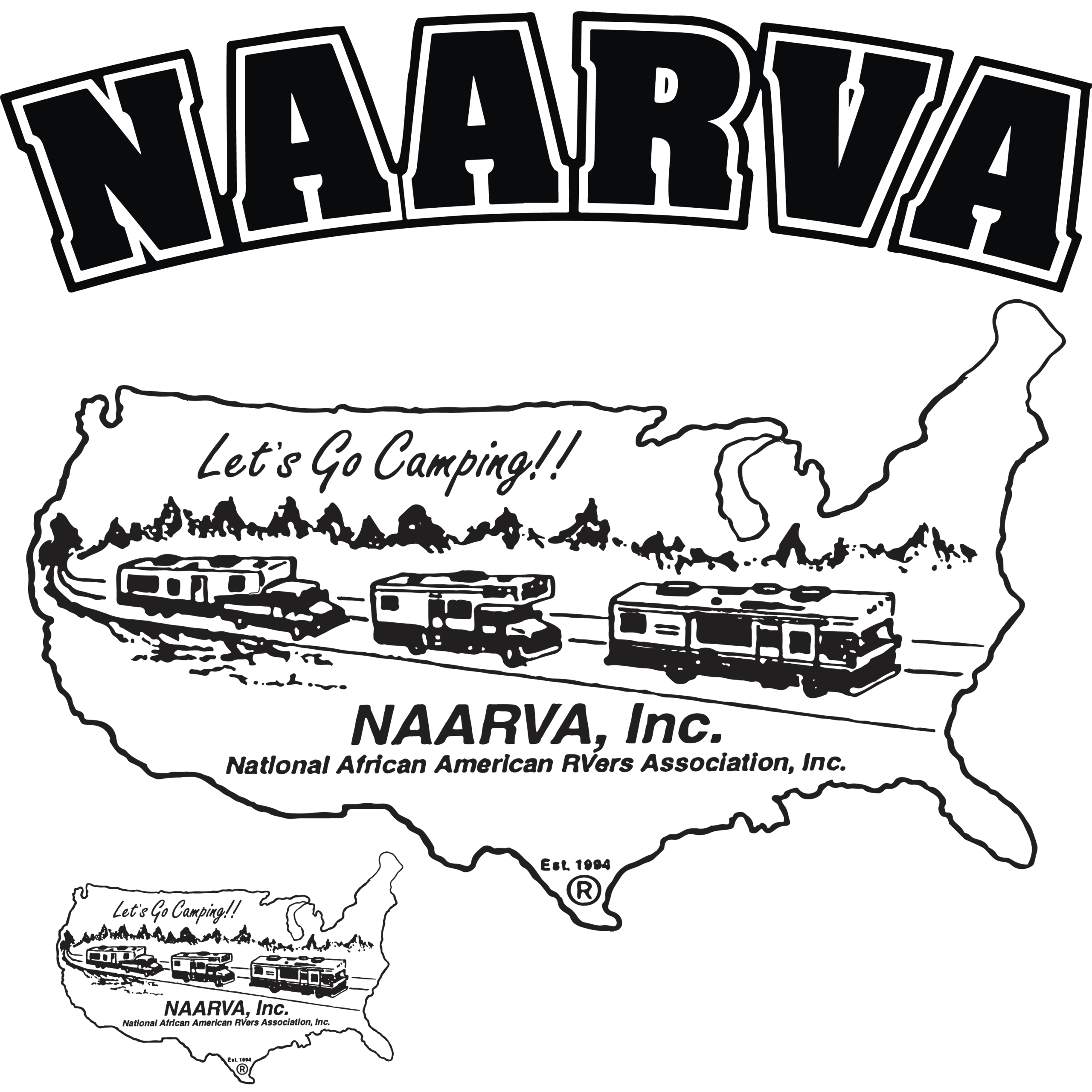 Logo for the National African American RVers Association showing RVs traveling across a map of the United States, highlighting partners on the journey, with the text “Let’s Go Camping!!” and “NAARVA, Inc.”.