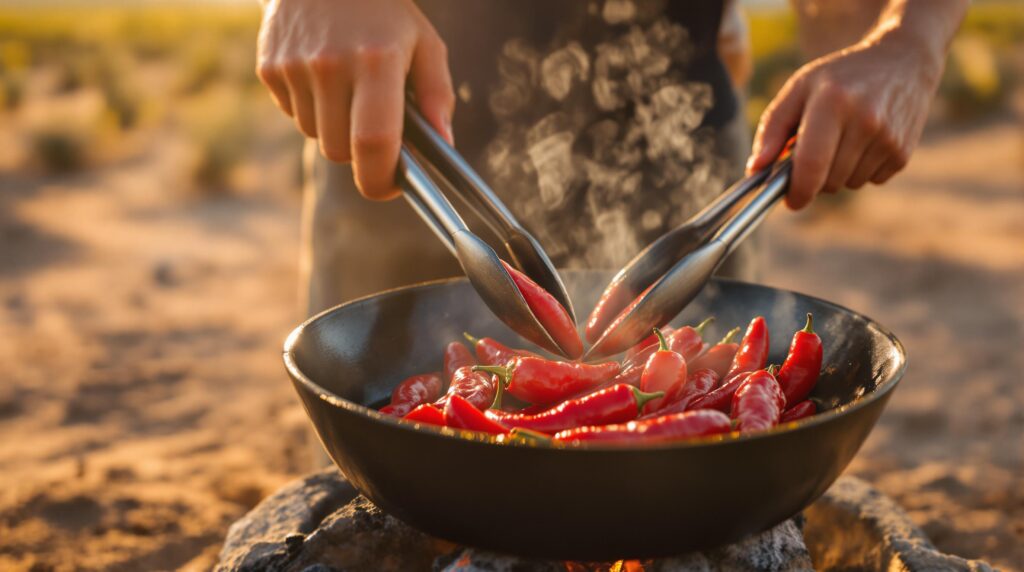 Hands roasting red chiltepin peppers in a cast-iron skillet over an outdoor fire pit on a desert farm with blurred crops and distant mountains in the background.