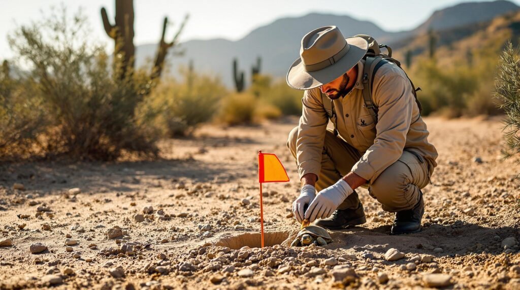 Volunteer in khaki gear kneeling beside a marked desert tortoise nest along a sandy track in the Arizona desert, gently brushing sand near a small tortoise, with saguaros and low buttes blurred in the background.