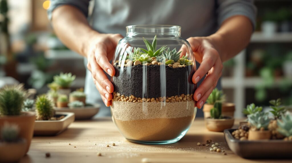 Hands layering pebbles, sand, and soil in a glass terrarium on a wooden table with succulents and cacti nearby, soft morning light highlighting the textures, neutral background with shelves and planting materials.
