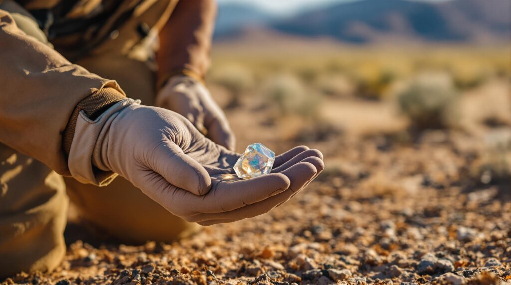 A geologist wearing gloves examines a small glass fragment in his hand while kneeling on sunlit desert ground, with blurred scrubland and distant hills in the background.