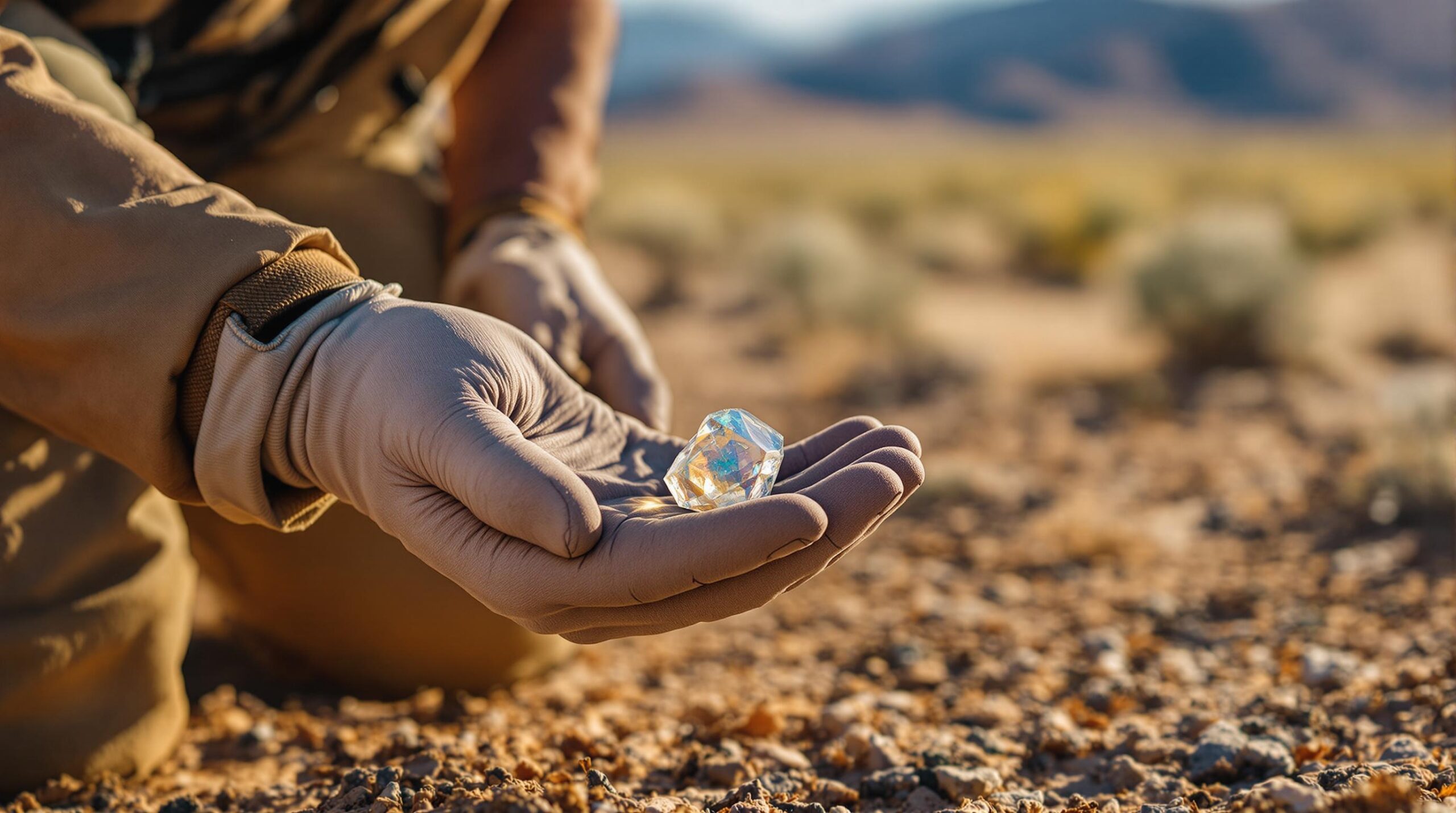 A geologist wearing gloves examines a small glass fragment in his hand while kneeling on sunlit desert ground, with blurred scrubland and distant hills in the background.