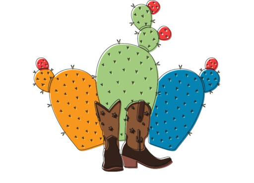 Illustration of three colorful cacti—orange, green, and blue—each with red flowers. A pair of brown cowboy boots sits in front, inviting you to embrace a southwestern theme and encouraging you to Work with Us.