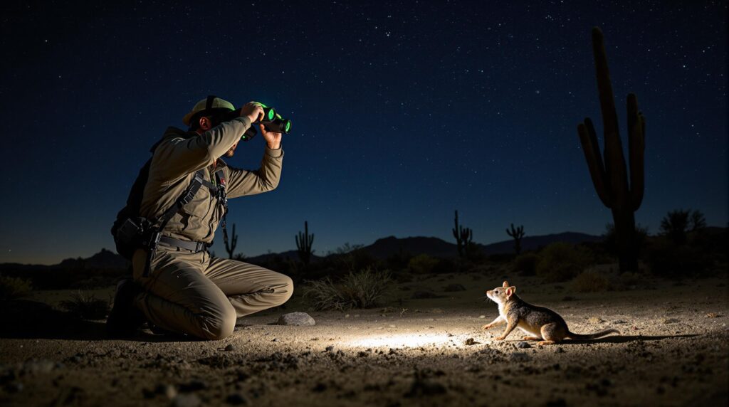 A conservationist using night-vision goggles observes a jerboa hopping in the Arizona desert at night, with soft moonlight and a blurred, scrubby landscape in the background.