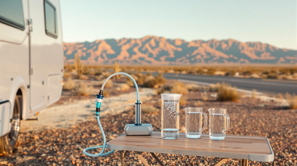 A modern white RV parked on a desert roadside near Tonopah, Arizona, with a water filtration system and two glass pitchers—one with clear water, one with cloudy water—displayed on a camping table, surrounded by desert plants and distant mountains under a clear sky.