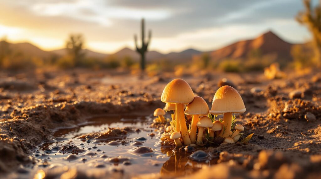 Three people examine desert mushrooms on damp Arizona soil after rain, with golden sunlight and cacti in the blurred background.