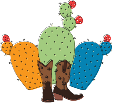 Illustration of brown cowboy boots in front of three large, colorful prickly pear cacti in yellow, green, and blue, each with small red fruit on top.