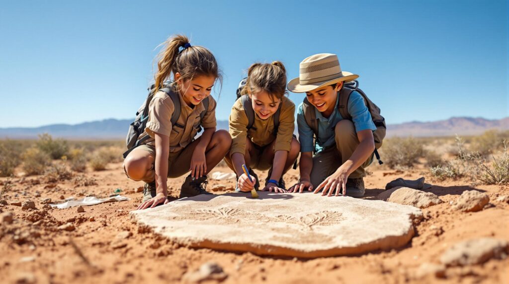 Three children in explorer outfits study fossils on a large rock in a sunny desert, smiling and using brushes to gently uncover the imprints in the sand. Shrubs and mountains are visible in the background.