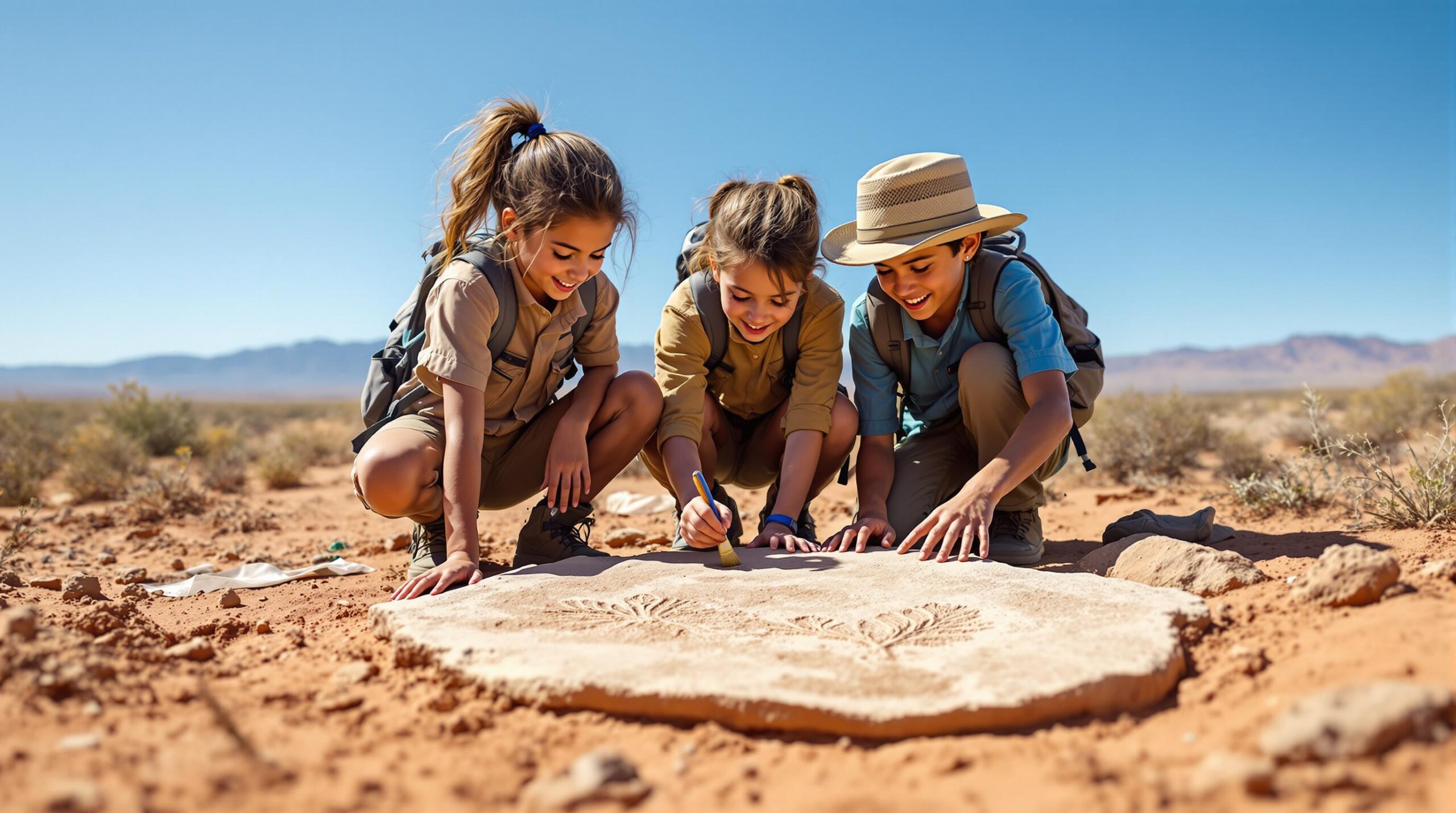 Three children in field gear examine a fossilized leaf imprint on desert sandstone near Tonopah, Arizona, with excavation tools and backpacks nearby, under a clear blue sky.