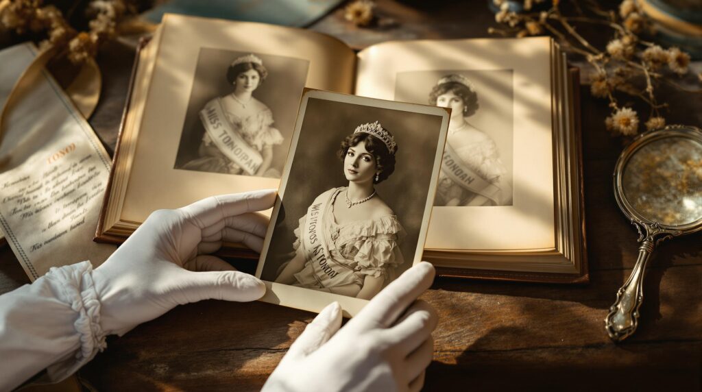 Close-up of gloved hands holding a sepia portrait of a young woman in Edwardian dress and tiara, surrounded by vintage photos, a faded sash, a silver hand mirror, and a dried wildflower on a rustic wooden table with warm, soft lighting.