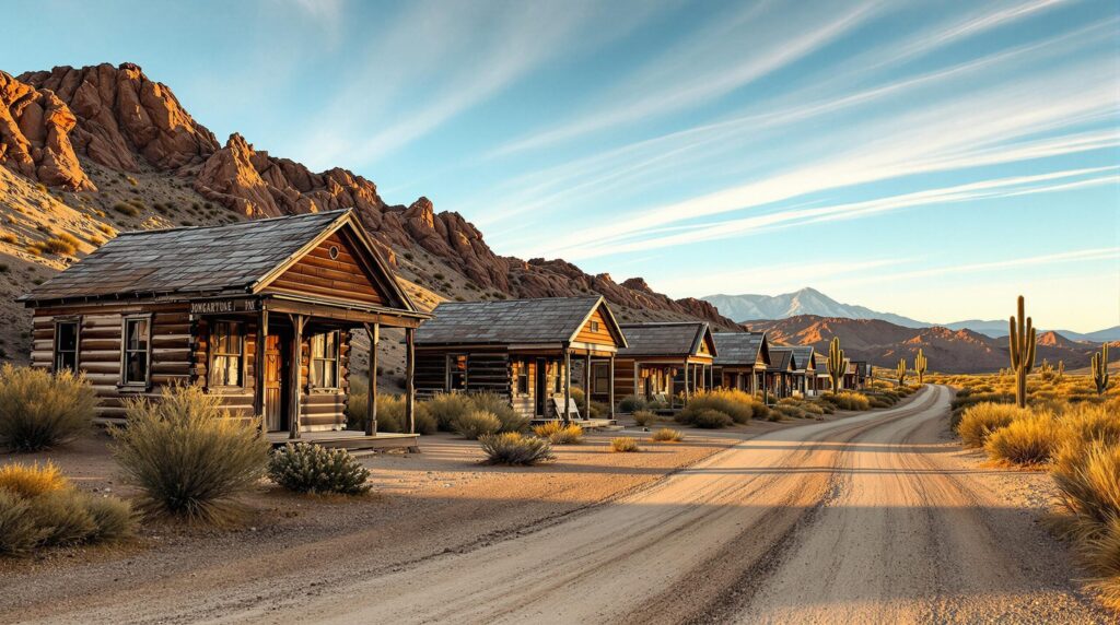 A row of rustic wooden cabins lines a dirt road in a desert landscape with cacti, dry brush, rocky hills, and distant mountains under a clear sky with streaks of clouds at sunrise or sunset.