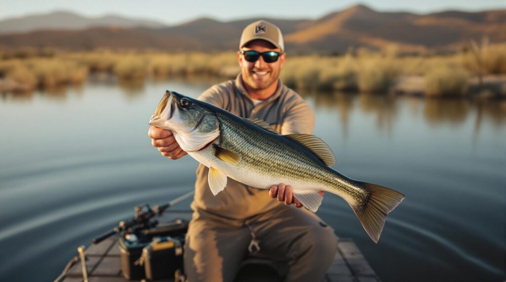A smiling man wearing sunglasses and a cap sits on a boat holding a large fish, with a calm lake and mountains in the background on a sunny day.