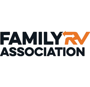 Logo for Family RV Association. The words "Family Partners Association" are in bold black text, with "RV" in orange featuring a stylized arrow forming part of the "R" and the "V." The background is white.