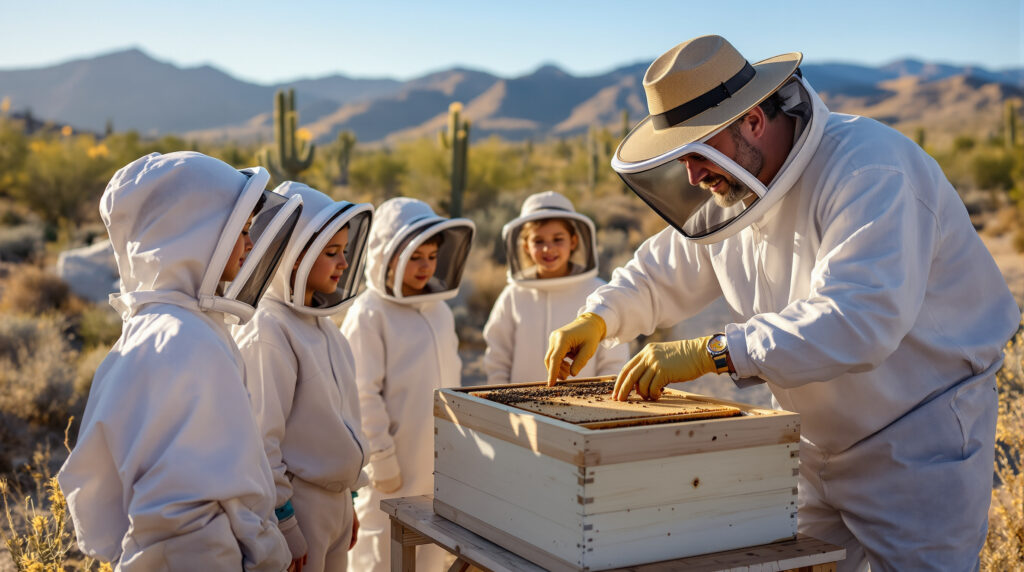 Children in white beekeeper suits watch bees in a glass observation hive outdoors with an adult instructor, desert landscape in the background.
