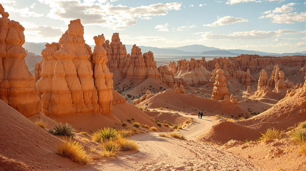 Rugged desert trail with mudstone hoodoos, warm sunlight, sparse vegetation, and two distant hikers near Tonopah, Arizona.