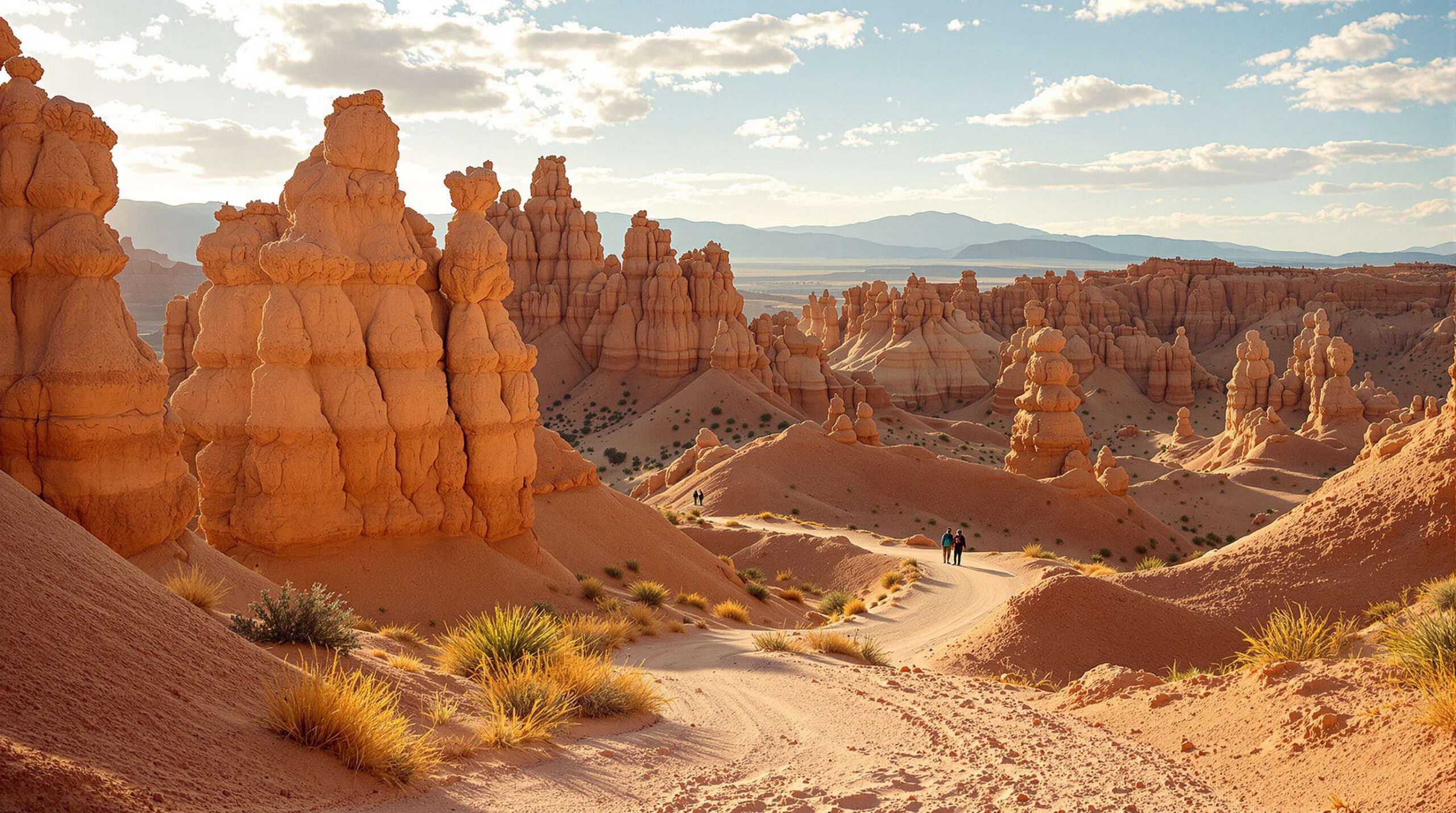 Rugged desert trail with mudstone hoodoos, warm sunlight, sparse vegetation, and two distant hikers near Tonopah, Arizona.
