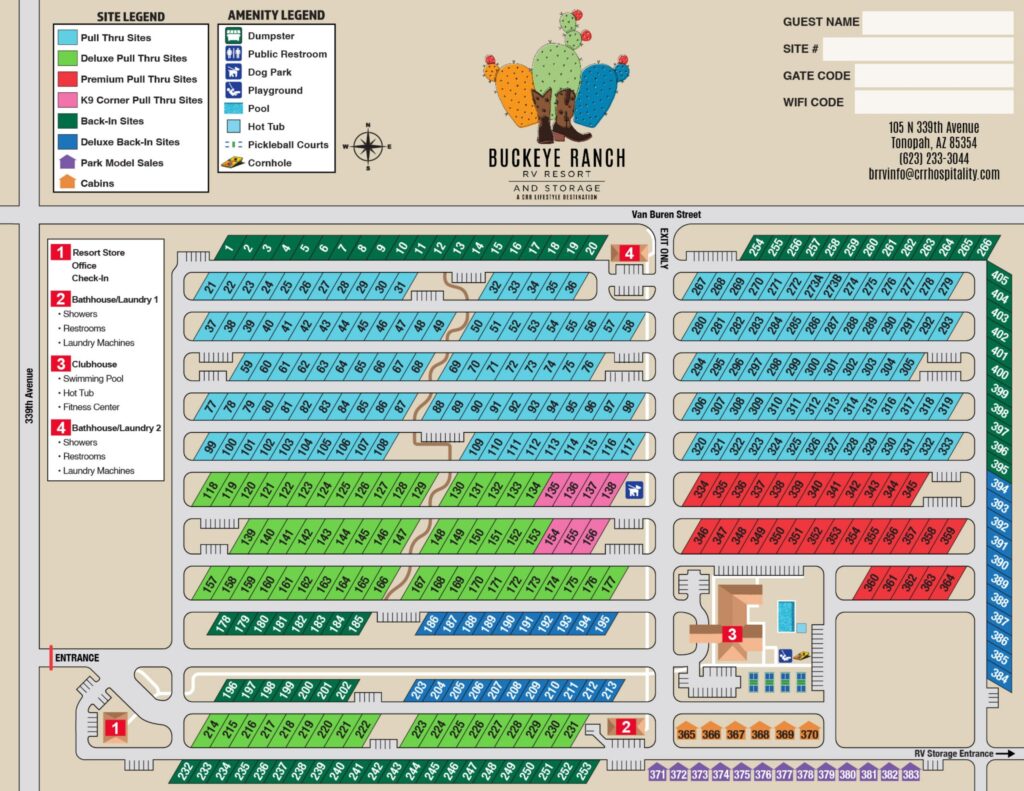 Map of Buckeye Ranch RV Resort showing color-coded RV site sections, amenities like showers, restrooms, office, dog park, pool, laundry, clubhouse, pickleball court, pool, parking areas, and labeled roads and entrances.
