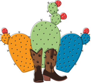 Illustration of three colorful cacti—yellow, green, and blue—with red flowers, and a pair of brown cowboy boots with star designs in front of them.