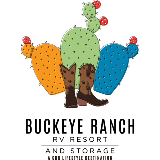 Illustration of two cowboy boots in front of three cacti—one orange, one green, and one blue—each with small flowers. Text below reads: "Buckeye Ranch RV Resort and Storage, a CRR Lifestyle Destination.