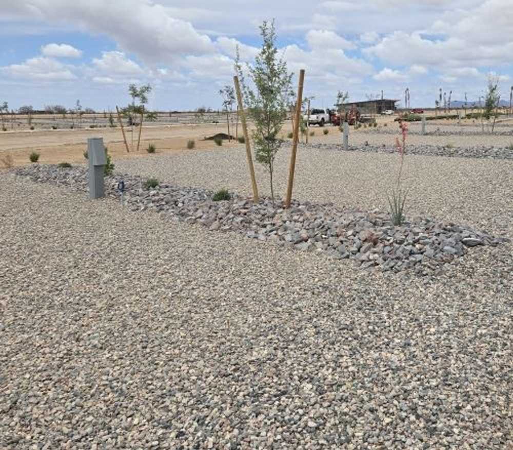 A gravel-covered lot with small, young trees and scattered rocks, under a partly cloudy sky. Some utility hookups and distant structures are visible in the background.