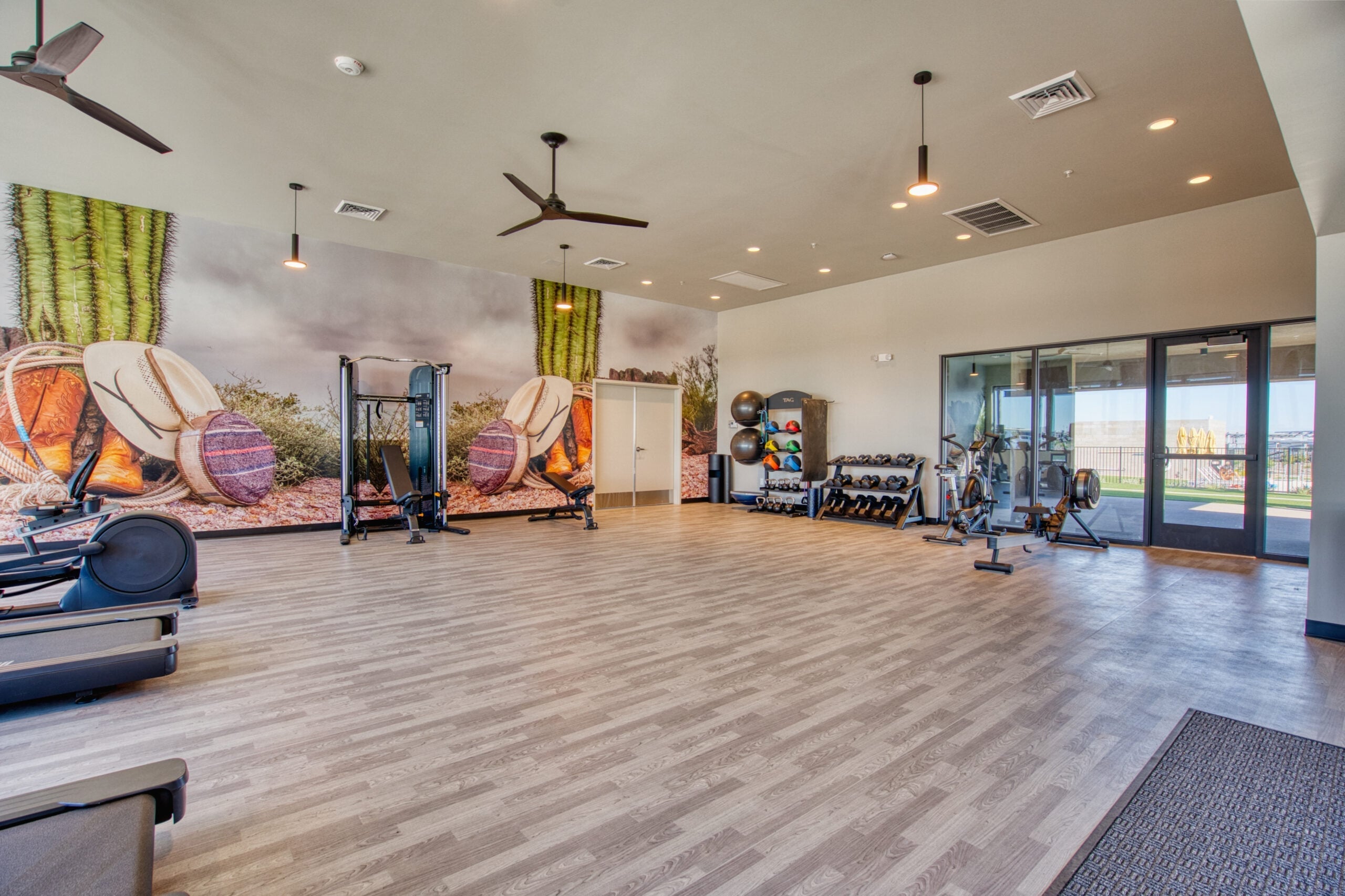 A spacious gym room with fitness equipment including treadmills, weight racks, exercise balls, and a weight machine, featuring large windows and a mural of cacti and drums on the back wall.
