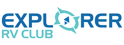 Logo for Explorer RV Club. The word "EXPLORER" is in blue, with a stylized compass in place of the second "O." "RV CLUB" is in light blue below "EXPLORER.
