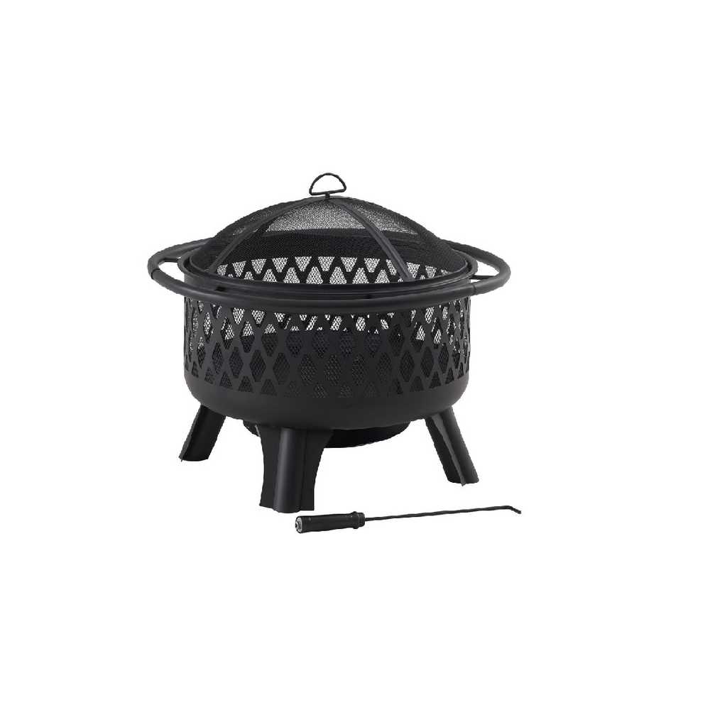 A black metal outdoor fire pit with a mesh cover, decorative lattice sides, three sturdy legs, and a circular rim. A fire poker tool is placed next to it on a white background.