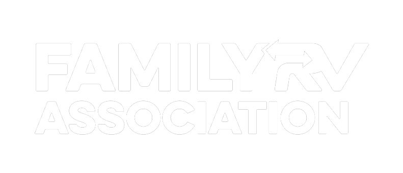 White logo with bold text reading "FAMILY RV ASSOCIATION." The letters "RV" are stylized with an arrow incorporated into the design, pointing to the right. The background is light gray.
