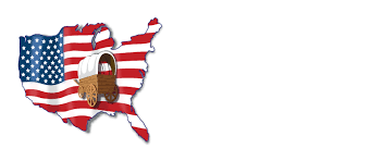Outline of the United States filled with the American flag design, featuring a covered wagon in the center of the country. The background is white.