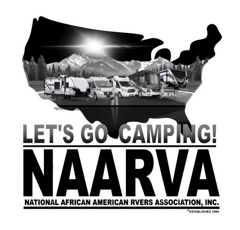 Illustration of the U.S. map with mountains and RVs, featuring the text “LET’S GO CAMPING! NAARVA National African American RVers Association, Inc.” and “Established 1994” at the bottom.