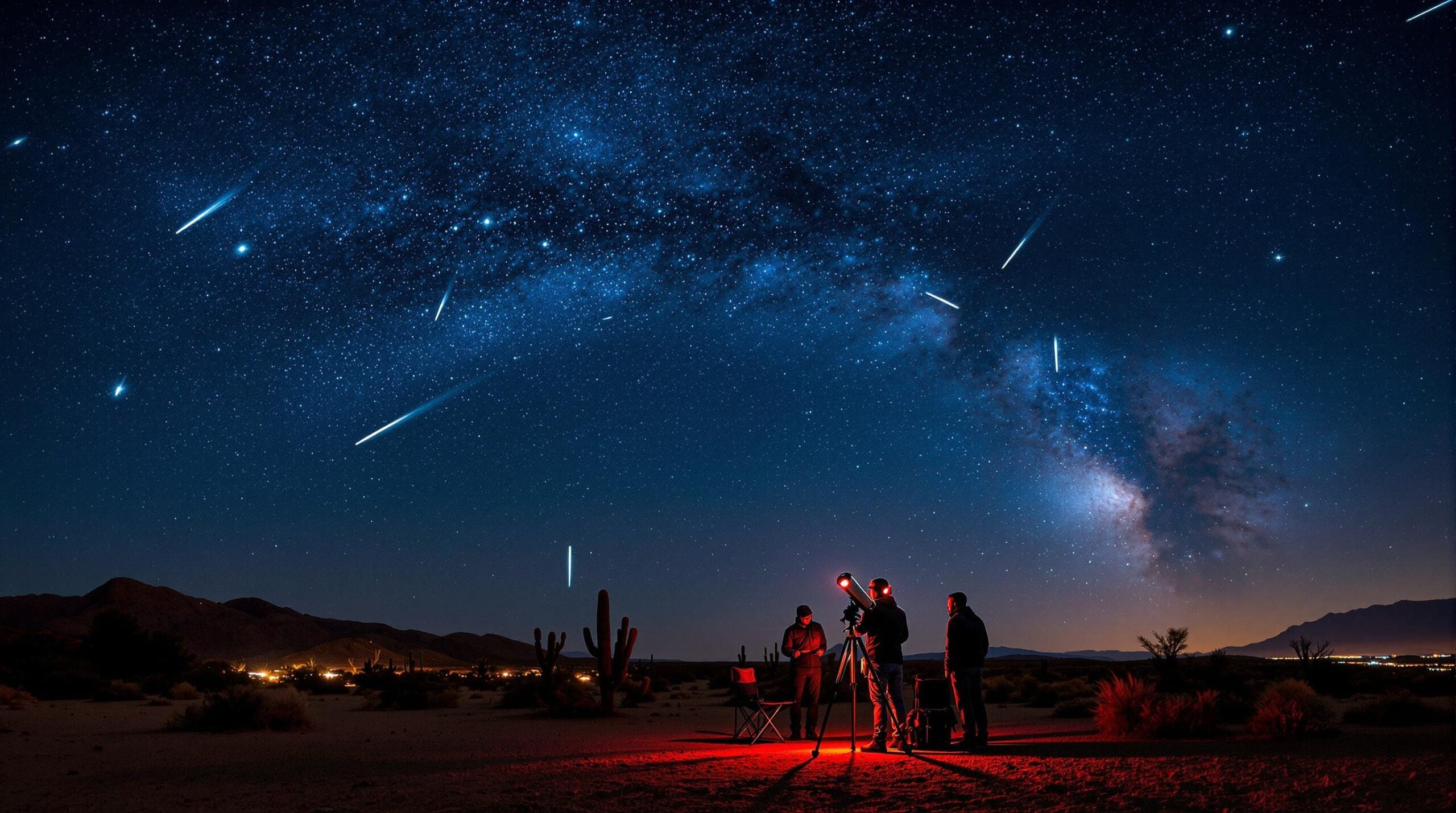 Three people stand by a telescope under a starry night sky, watching a meteor shower in the desert. Cacti and mountains are visible, and distant city lights glow near the horizon.