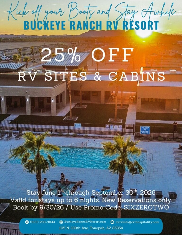 A promotional flyer for Buckeye Ranch RV Resort shows a pool, lounge chairs, and RVs. Text offers 25% off RV sites and cabins, with booking details, contact info, and a promo code for reservations by 9/30/26.