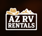 Logo for "AZ RV Rentals" featuring a cowboy hat and mountain outline above the text, symbolizing adventurous partners, all inside a white-bordered rectangle on a dark background.