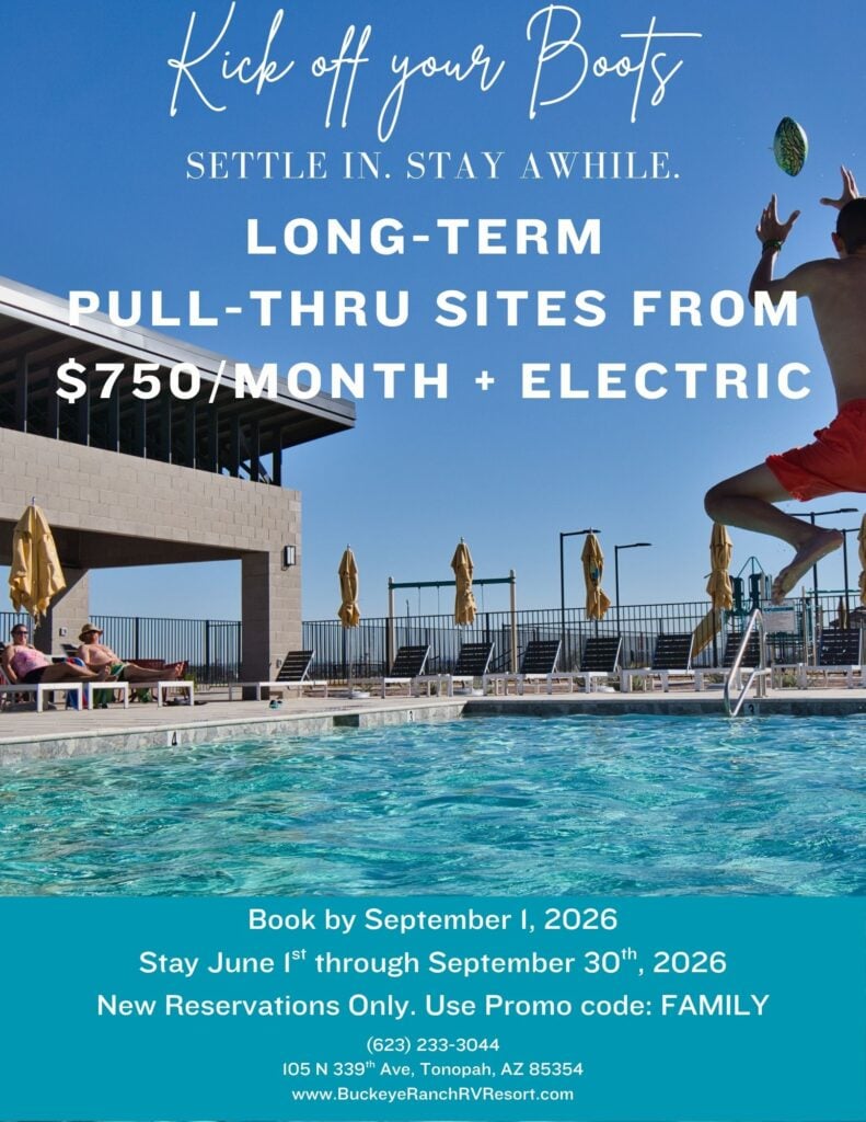 A person tosses a ball in a swimming pool near a modern building with lounge chairs. Text promotes long-term RV pull-thru sites from $750/month plus electric at Buckeye Ranch RV Resort, with booking details and contact info.