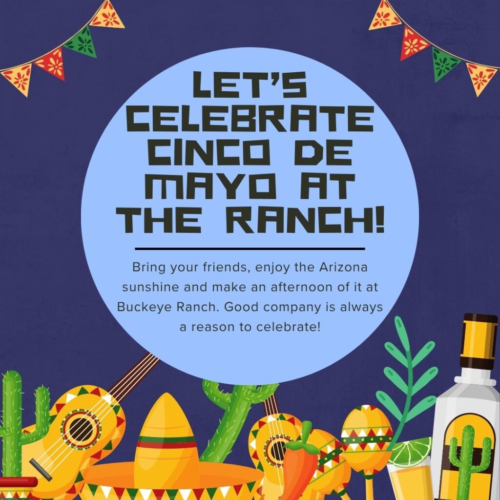 Colorful Cinco De Mayo invitation featuring guitars, maracas, sombreros, cactus, bunting, and tequila bottle—join the celebration at Buckeye Ranch with friends and Arizona sunshine!.