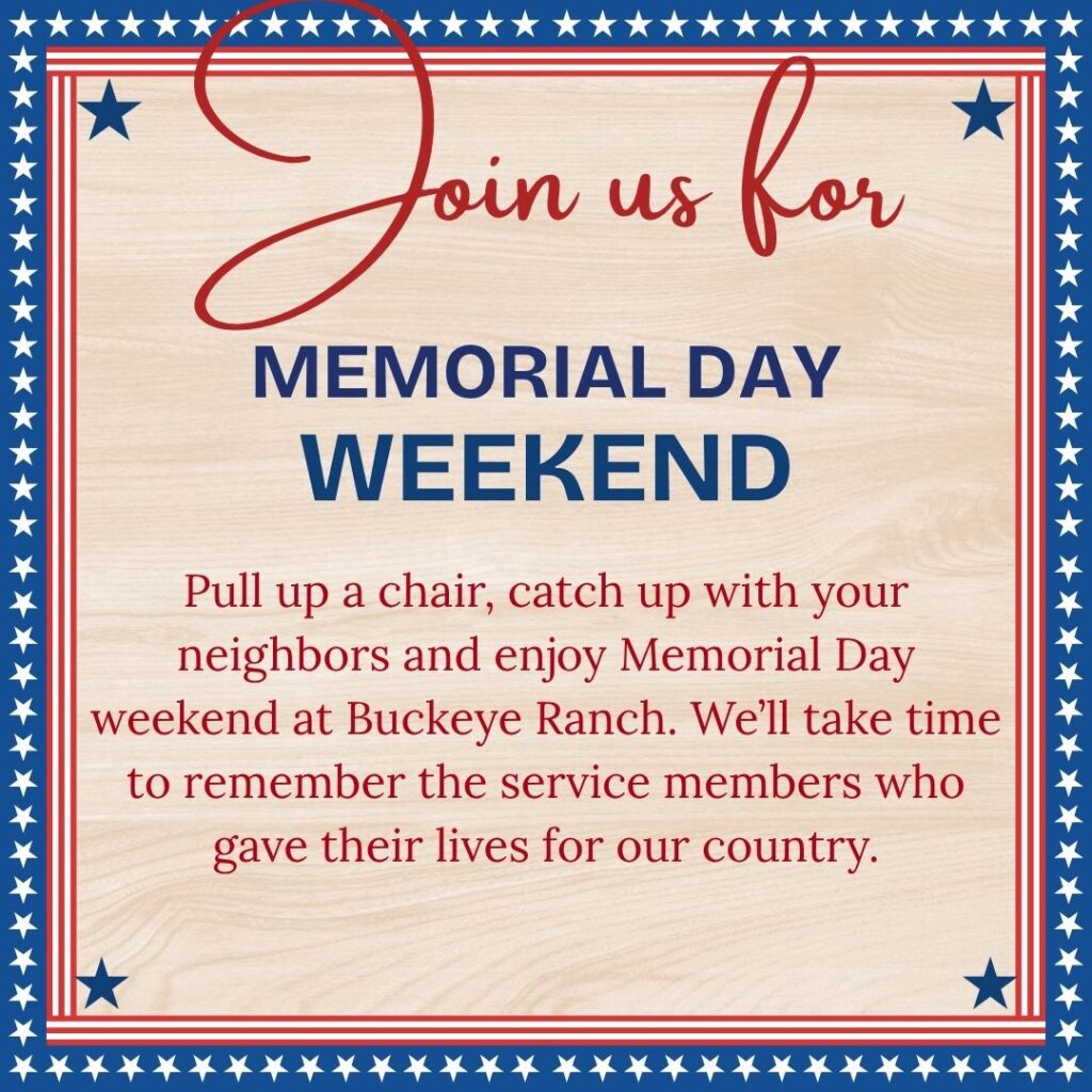 Patriotic invitation with red, white, and blue stars border, reading “Join us for Memorial Day Weekend” and details about honoring service members at Buckeye Ranch.